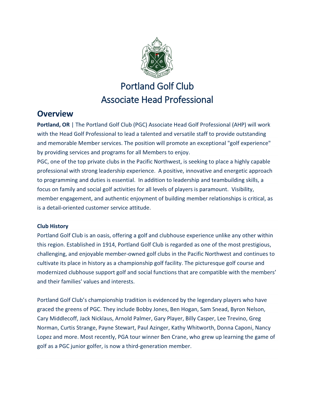 Portland Golf Club Associate Head Professional