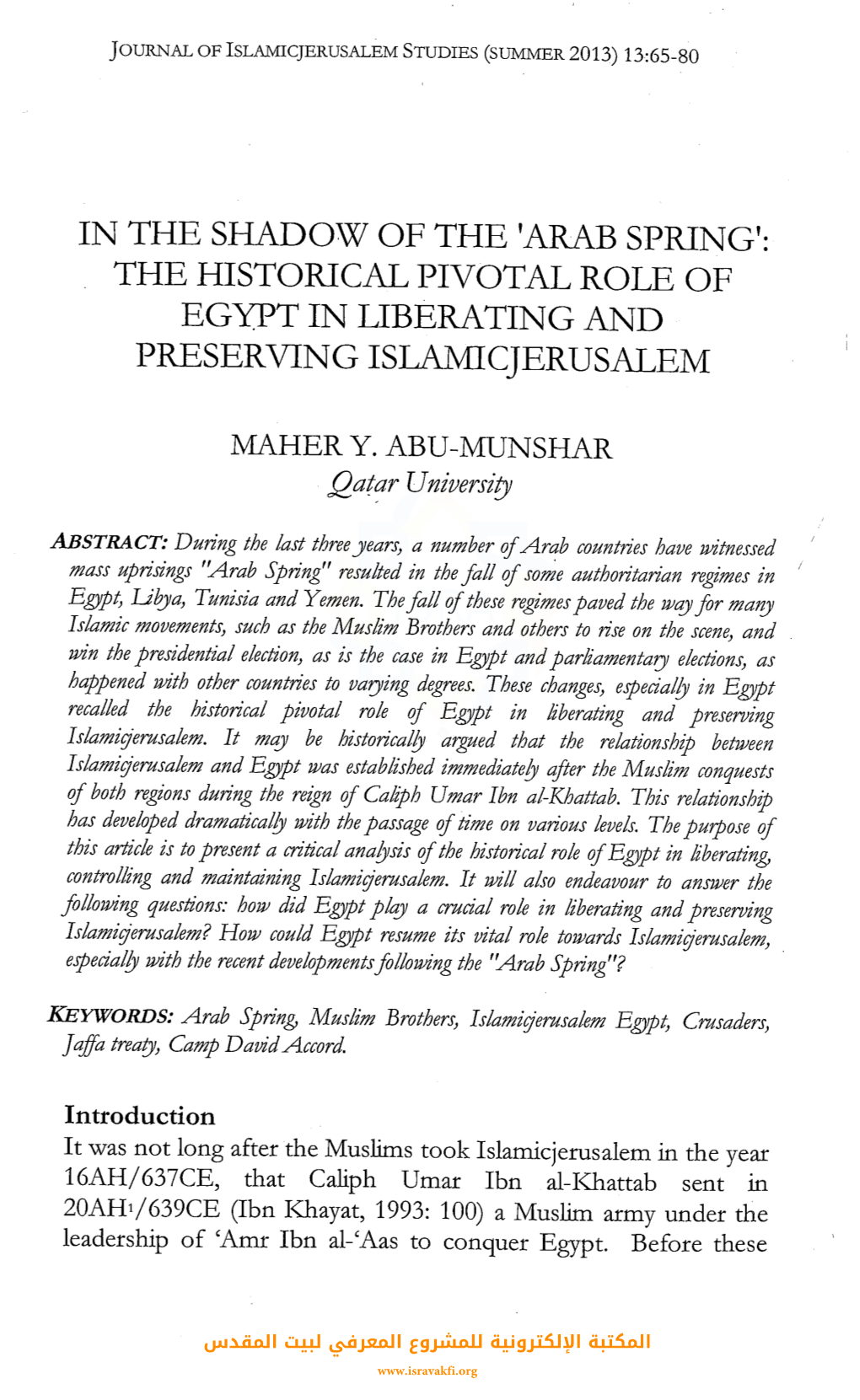 The Historical Pivotal Role of Egypt in Liberating and Preserving Islamicjerusalem