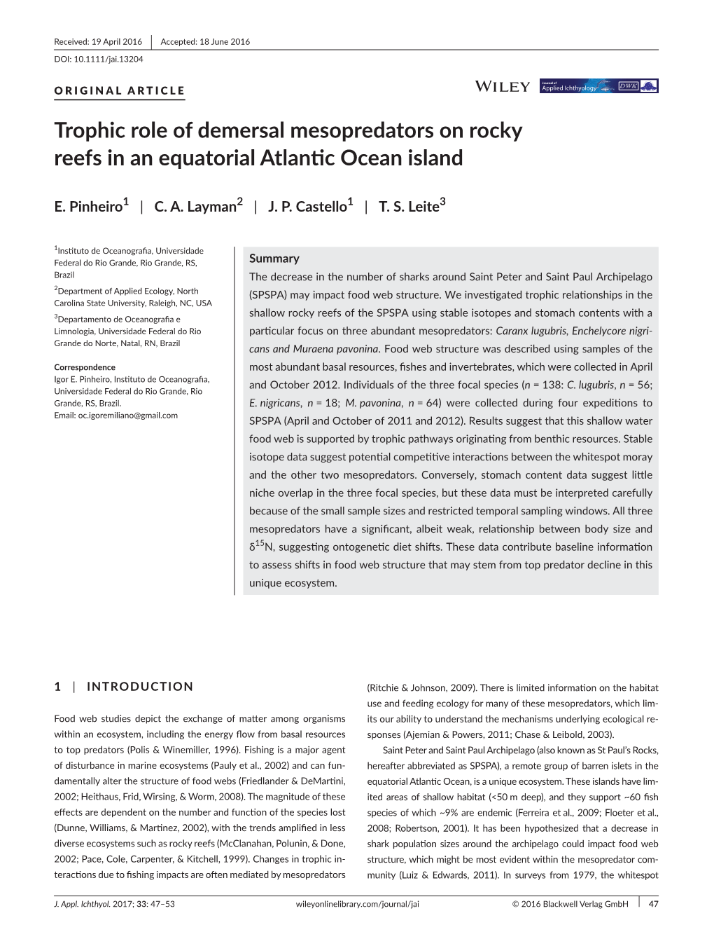 Trophic Role of Demersal Mesopredators on Rocky Reefs in an Equatorial Atlantic Ocean Island