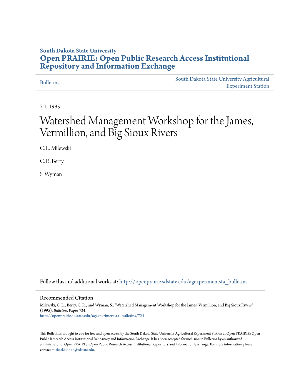 Watershed Management Workshop for the James, Vermillion, and Big Sioux Rivers C