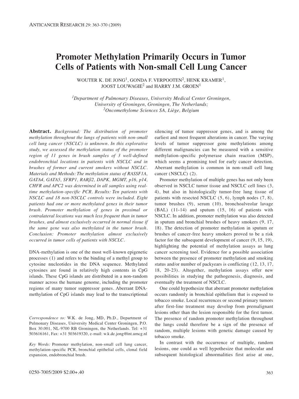 Promoter Methylation Primarily Occurs in Tumor Cells of Patients with Non-Small Cell Lung Cancer