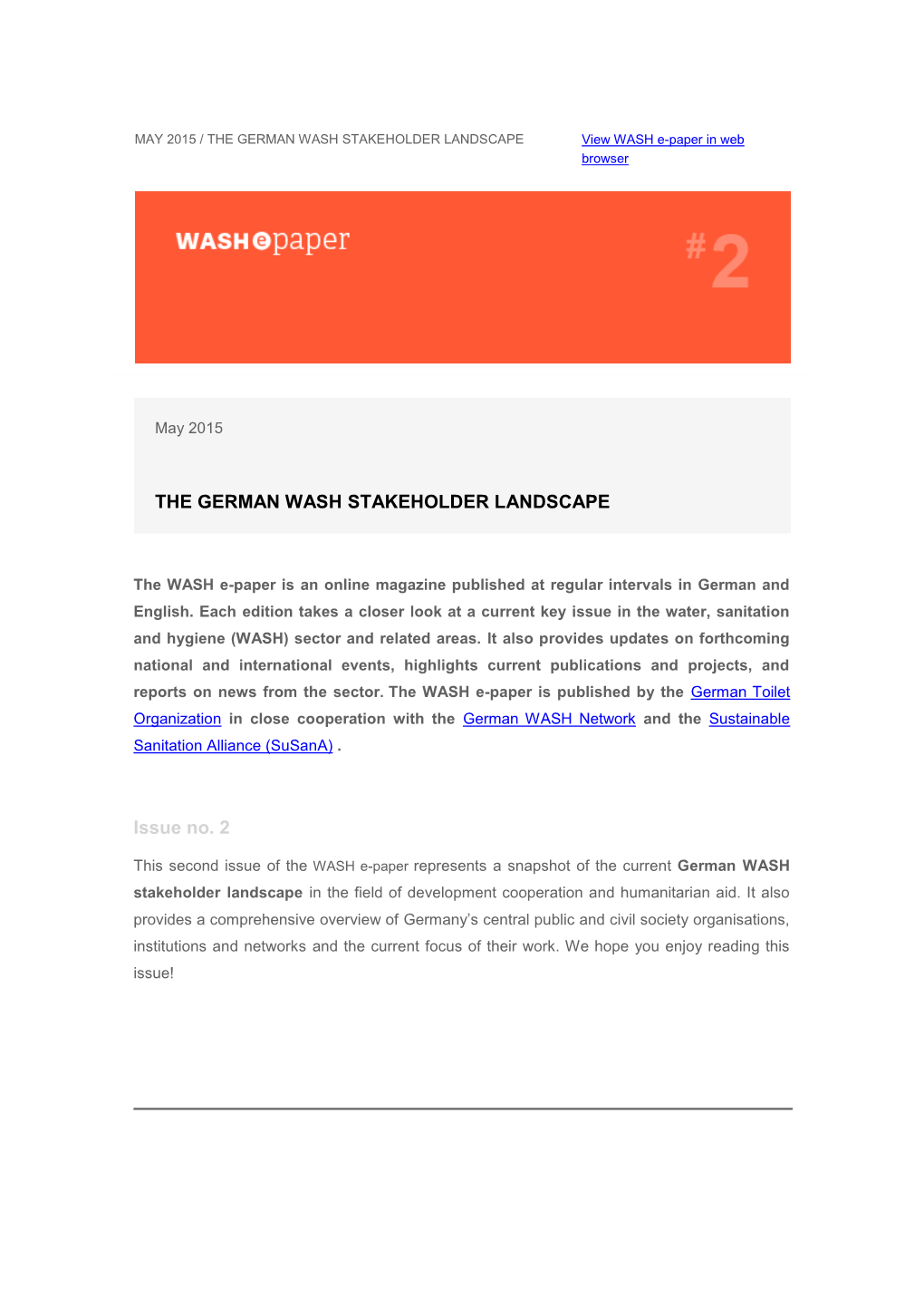THE GERMAN WASH STAKEHOLDER LANDSCAPE View WASH E-Paper in Web Browser