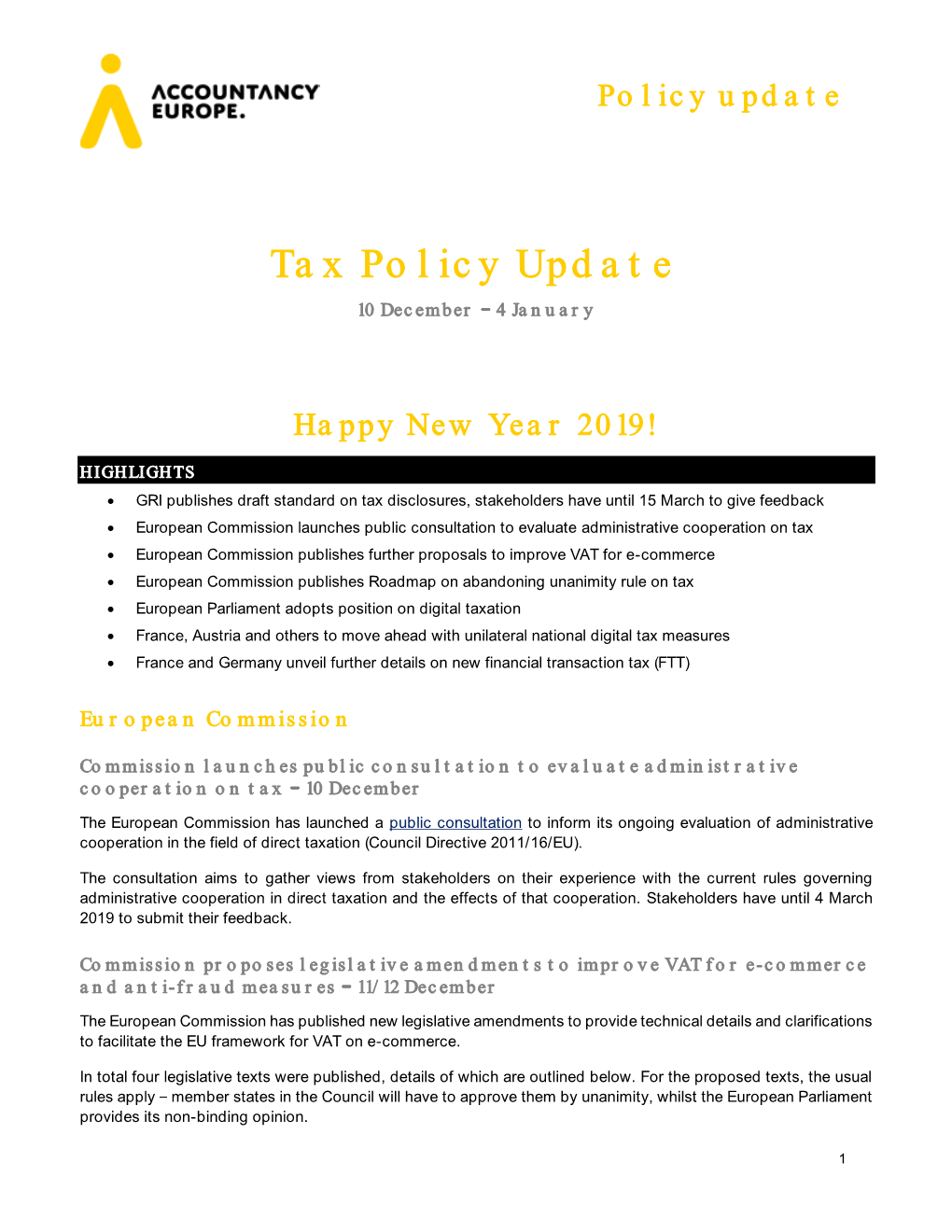 Tax Policy Update 10 December 4 January