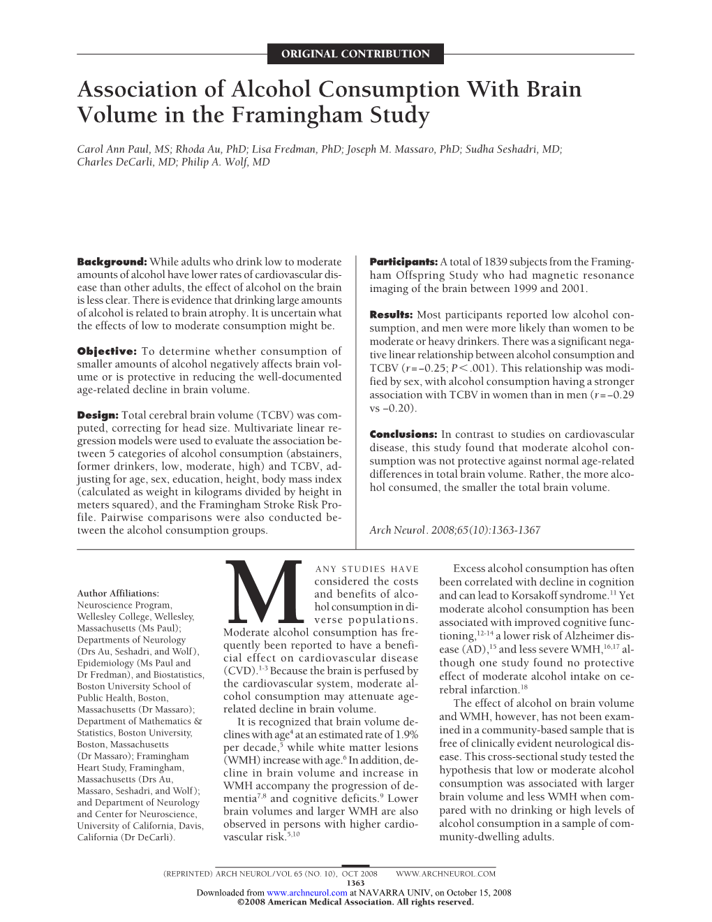 Association of Alcohol Consumption with Brain Volume in the Framingham Study