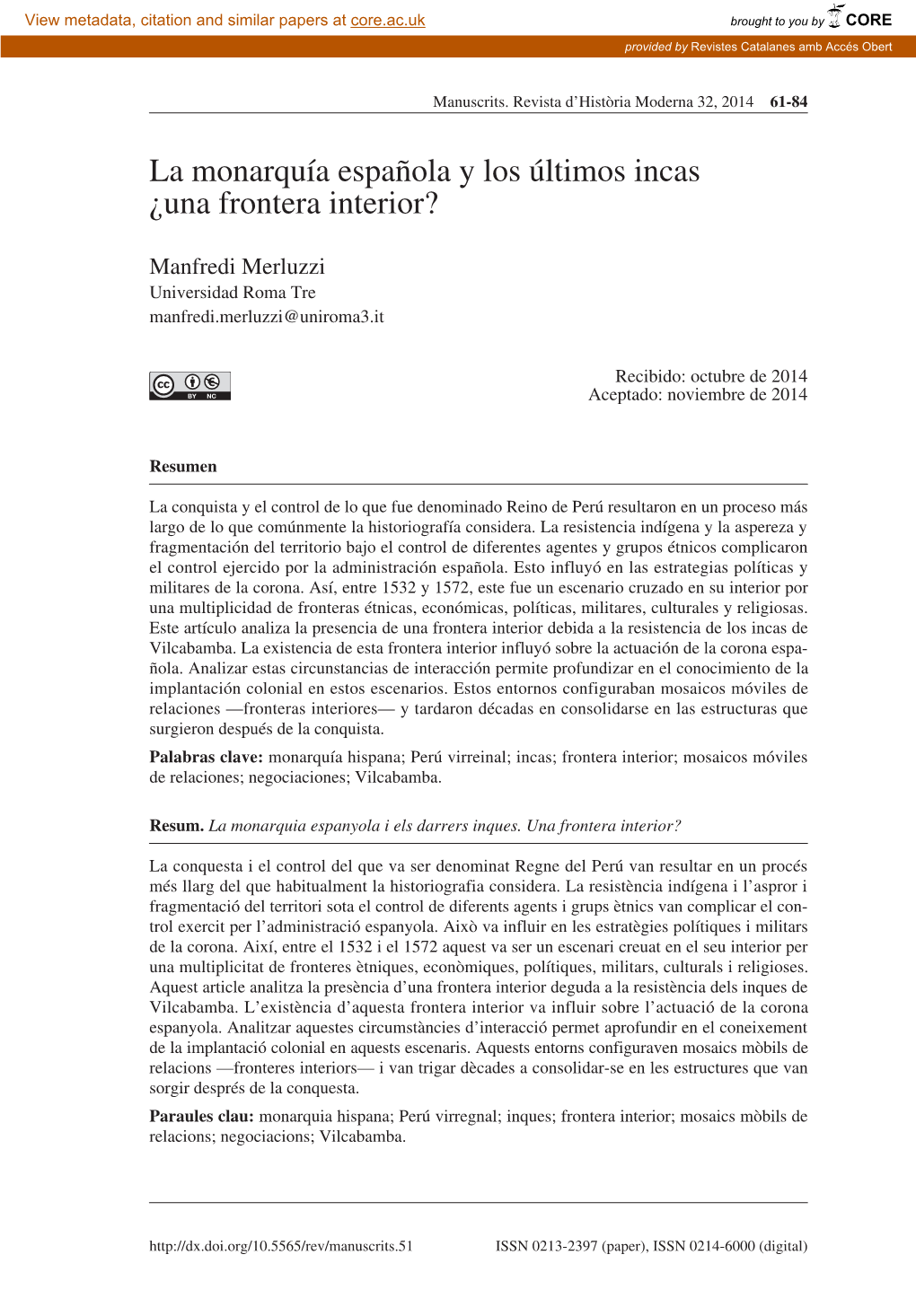 La Monarquía Española Y Los Últimos Incas ¿Una Frontera Interior?