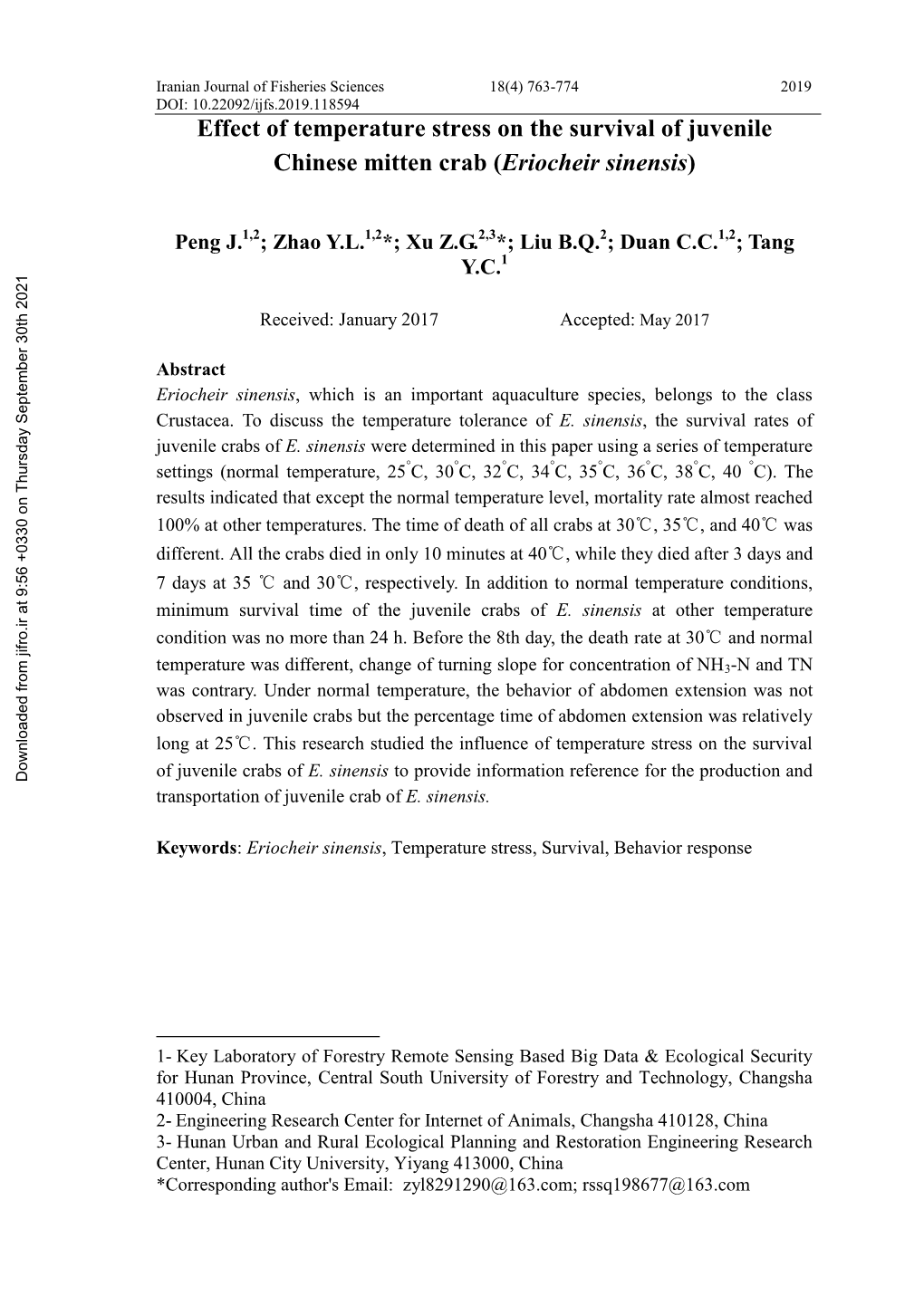 Effect of Temperature Stress on the Survival of Juvenile Chinese Mitten Crab (Eriocheir Sinensis)