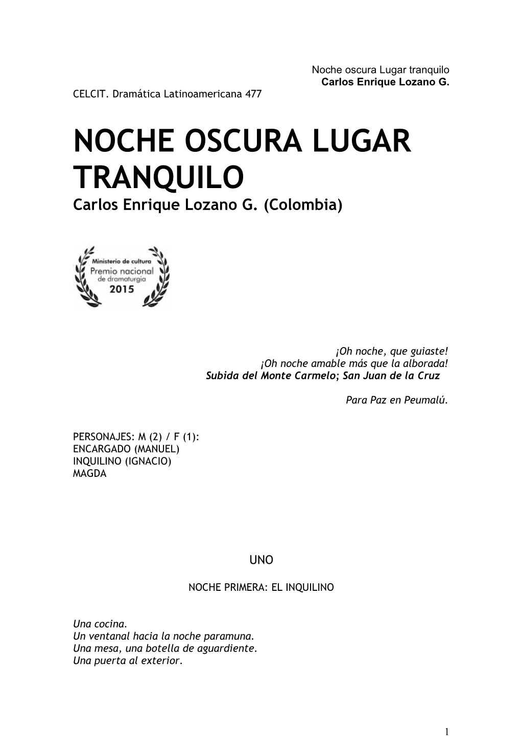 Noche Oscura Lugar Tranquilo Carlos Enrique Lozano G