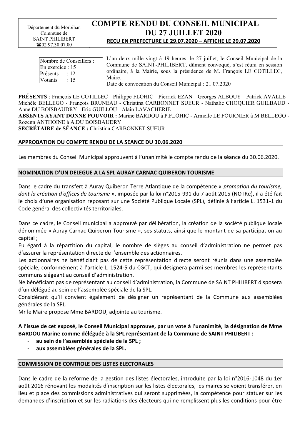 Compte Rendu Du Conseil Municipal Du 27 Juillet 2020