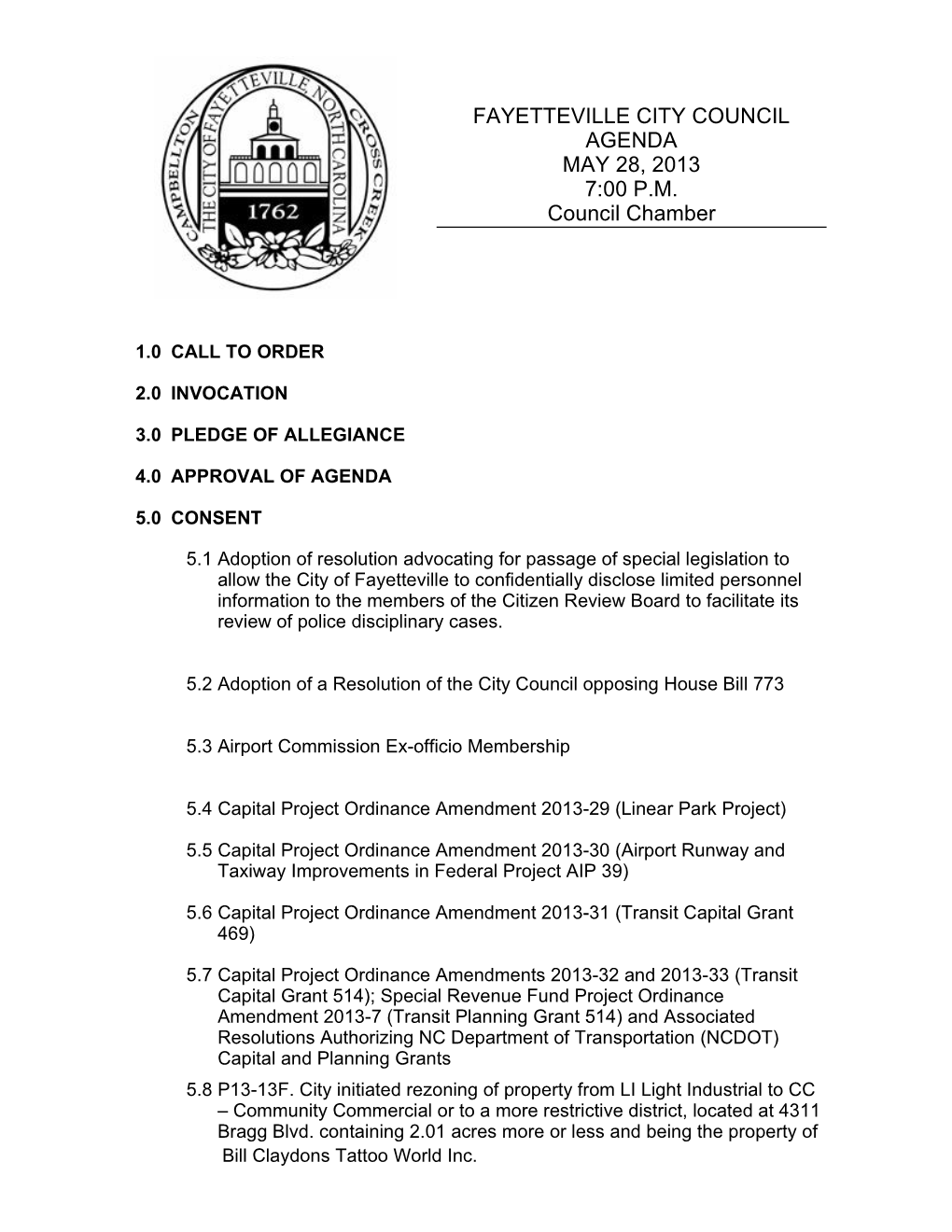 Fayetteville City Council Agenda May 28, 2013 7:00 P.M