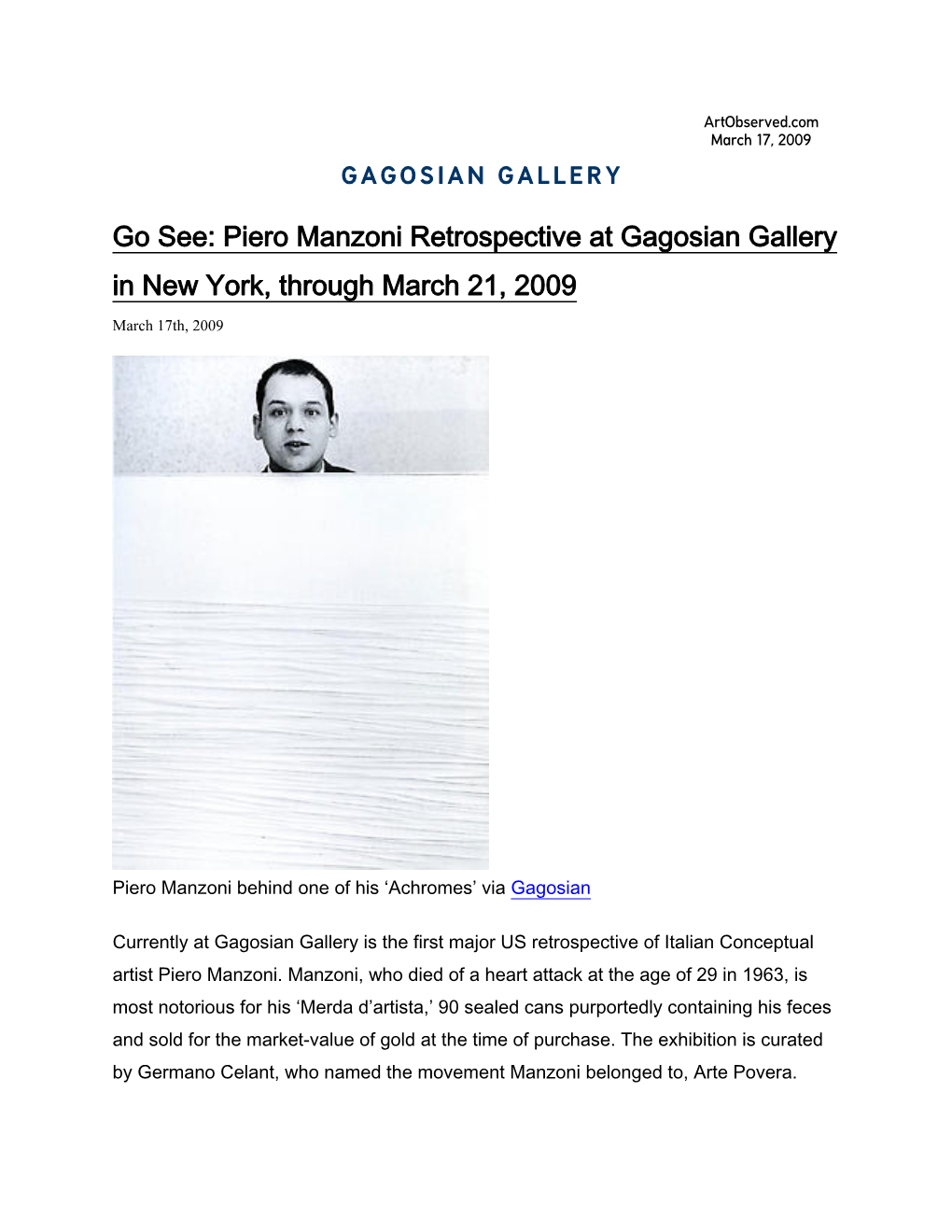 Go See: Piero Manzoni Retrospective at Gagosian Gallery in New York, Through March 21, 2009 March 17Th, 2009