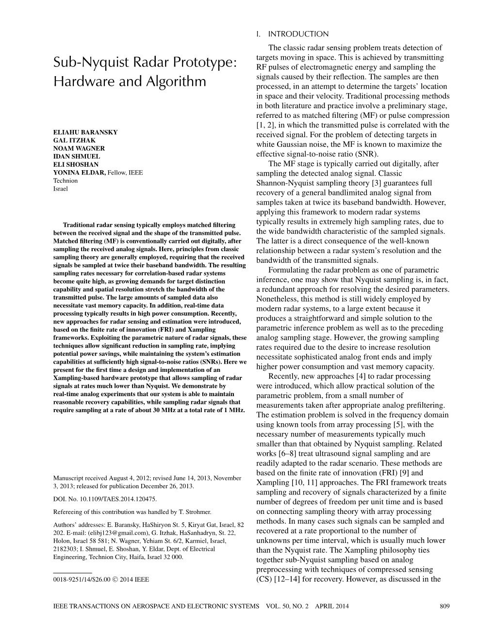 SUB-NYQUIST RADAR PROTOTYPE: HARDWARE and ALGORITHM 811 for Example, by Using the Well-Known OMP Algorithm