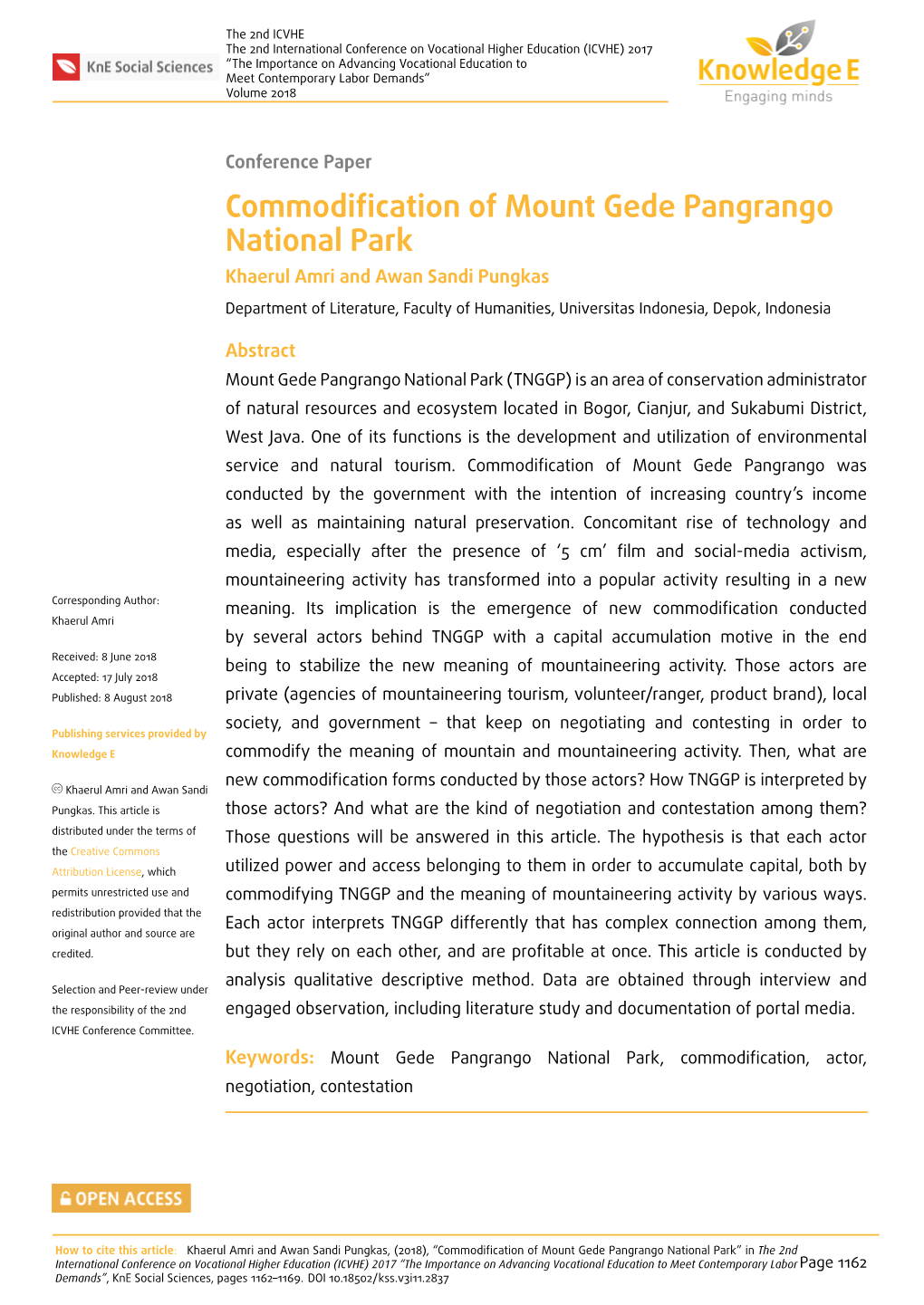 Commodification of Mount Gede Pangrango National Park