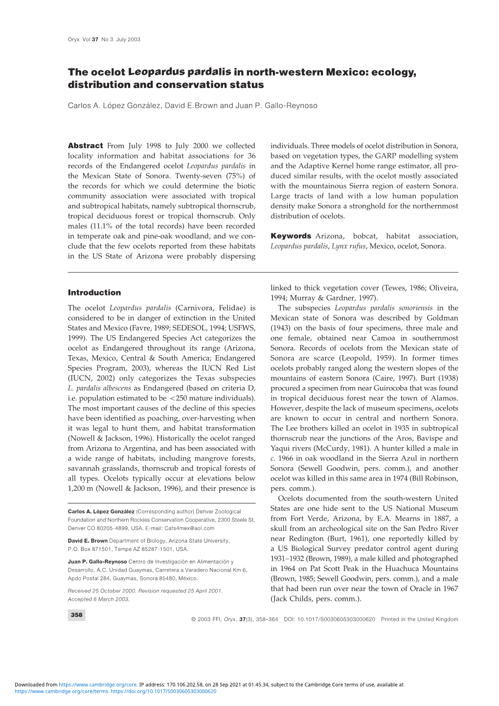 The Ocelot Leopardus Pardalis in North-Western Mexico: Ecology, Distribution and Conservation Status