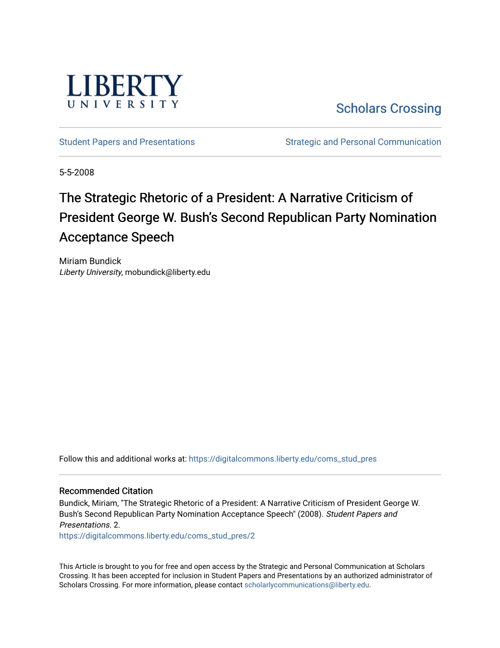 A Narrative Criticism of President George W. Bush's Second