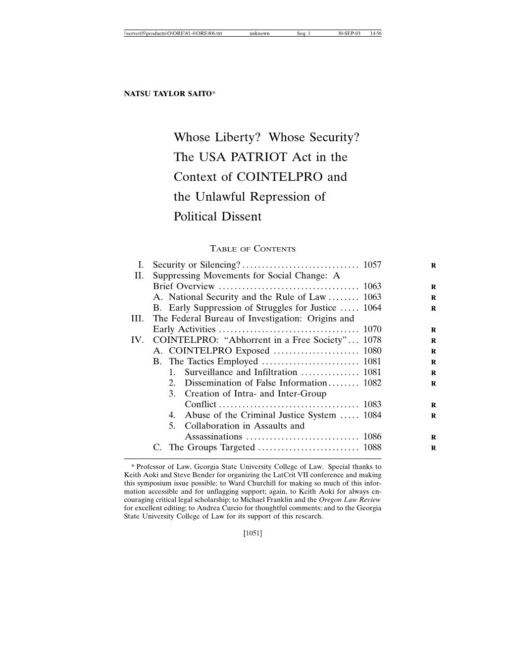 Whose Liberty? Whose Security? the USA PATRIOT Act in the Context of COINTELPRO and the Unlawful Repression of Political Dissent