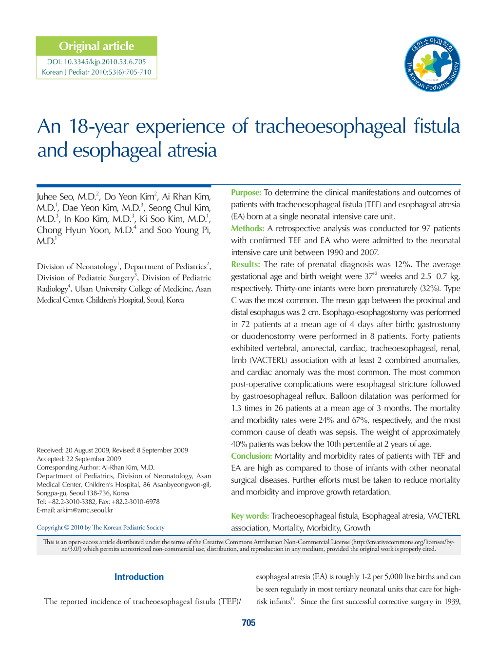 An 18-Year Experience of Tracheoesophageal Fistula and Esophageal Atresia