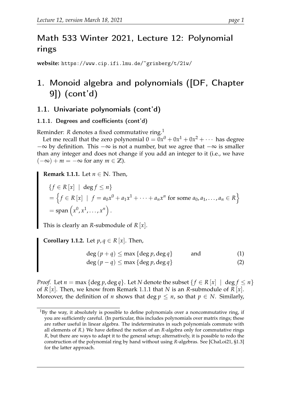 Math 533 Winter 2021, Lecture 12: Polynomial Rings 1. Monoid Algebra