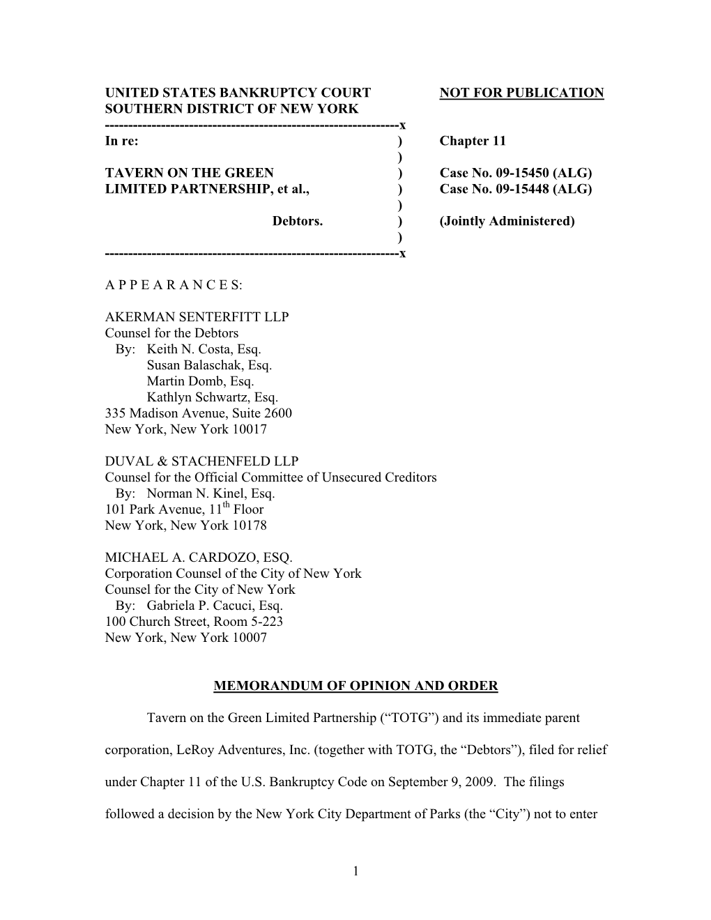 1 United States Bankruptcy Court Not for Publication Southern District of New York