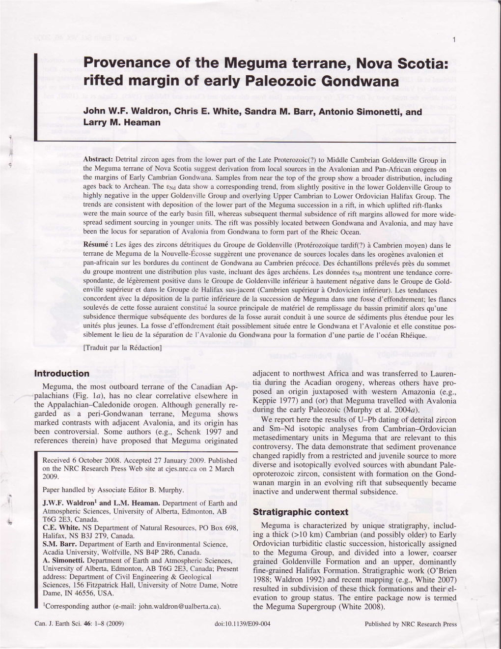 Provenance of the Meguma Terrane, Nova Scotia: Rifted Margin of Early Paleozoic Gondwana