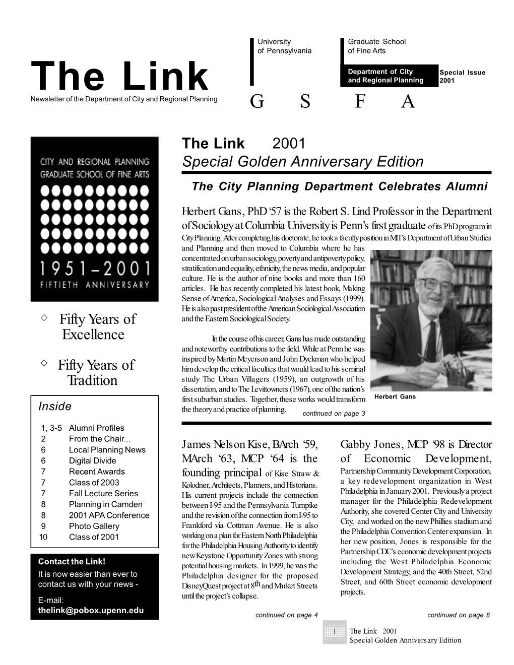 The Link and Regional Planning 2001 Newsletter of the Department of City and Regional Planning G S F A