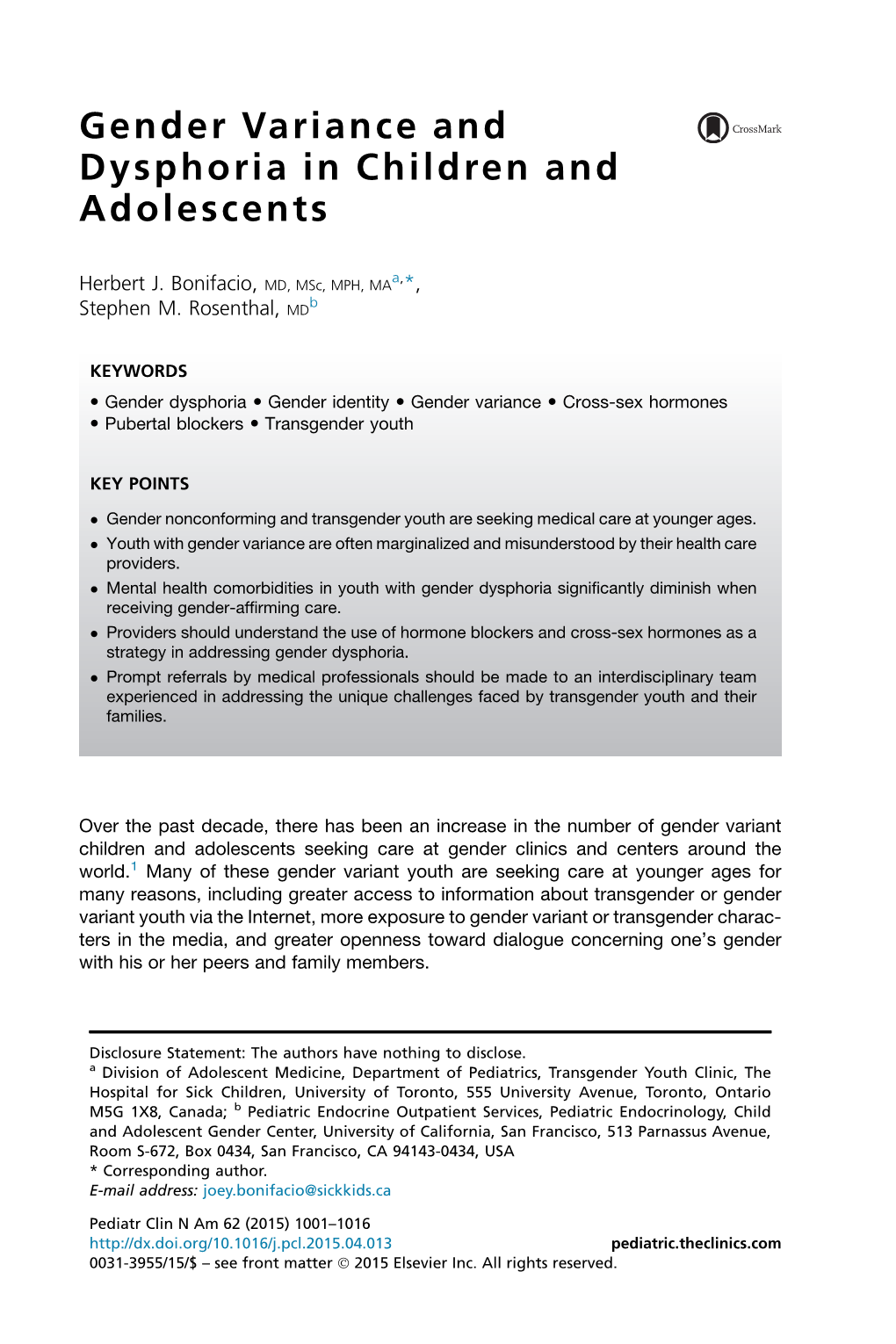 Gender Variance and Dysphoria in Children and Adolescents