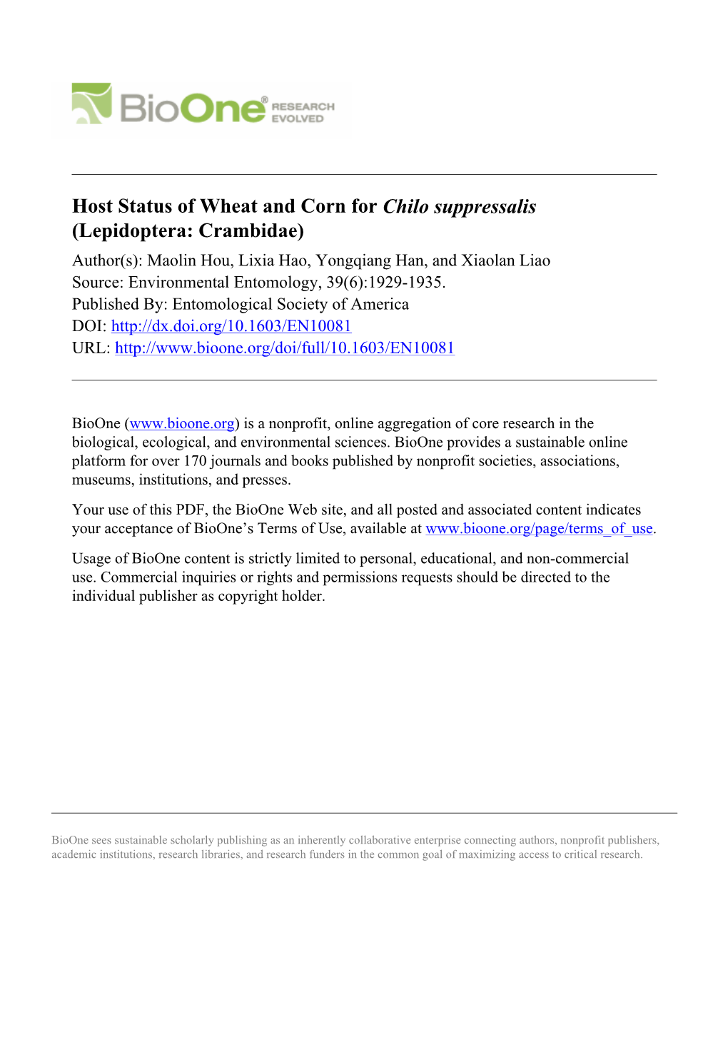 Host Status of Wheat and Corn for Chilo Suppressalis