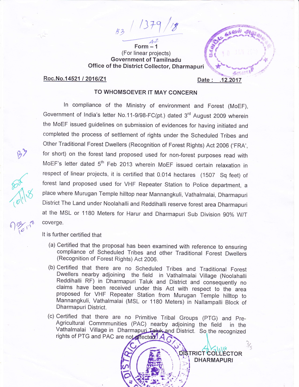 '/ *;;3 I I/ (For Linear Projects) Government of Tamilnadu Office of the District Collector, Dharmapuri