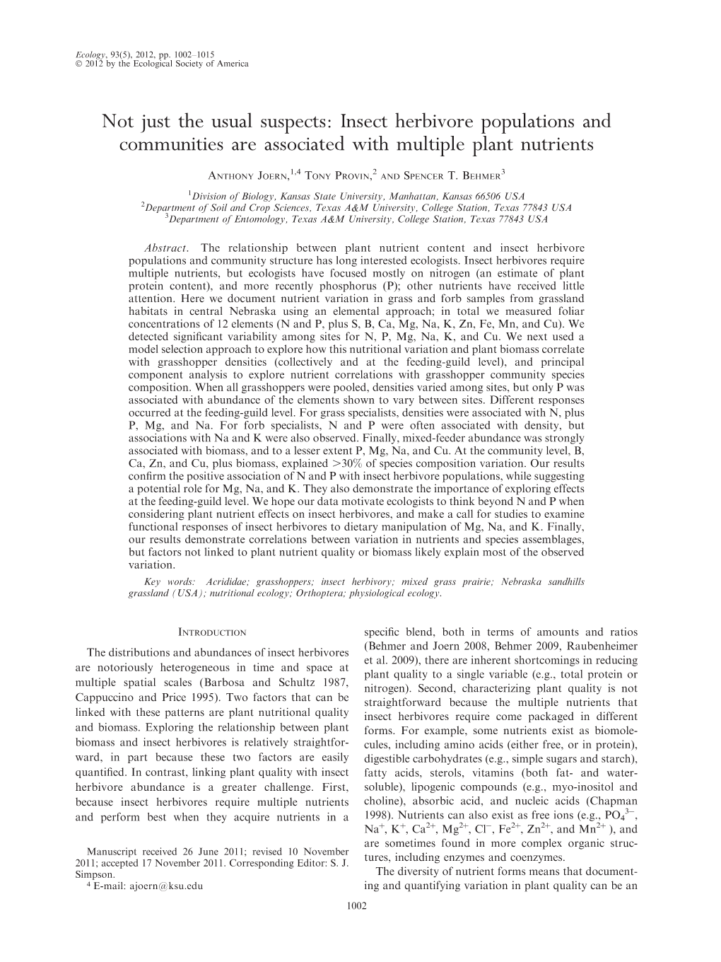 Insect Herbivore Populations and Communities Are Associated with Multiple Plant Nutrients