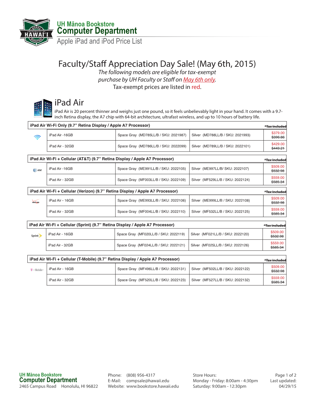 Computer Department Ipad Air Faculty/Staff Appreciation Day Sale! (May