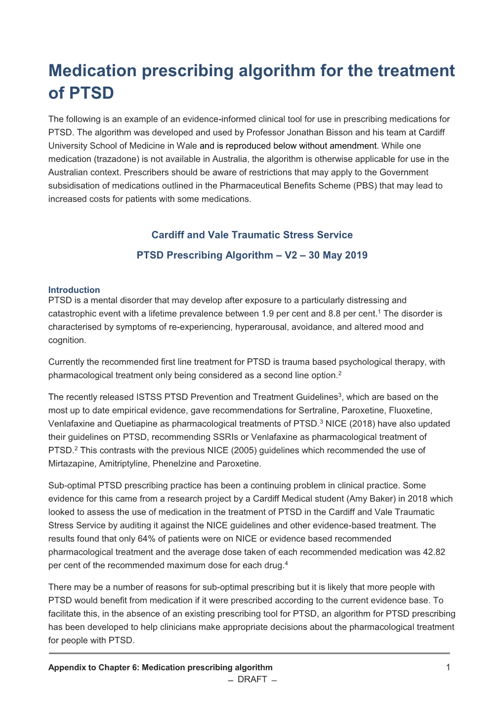 Medication Prescribing Algorithm for the Treatment of PTSD