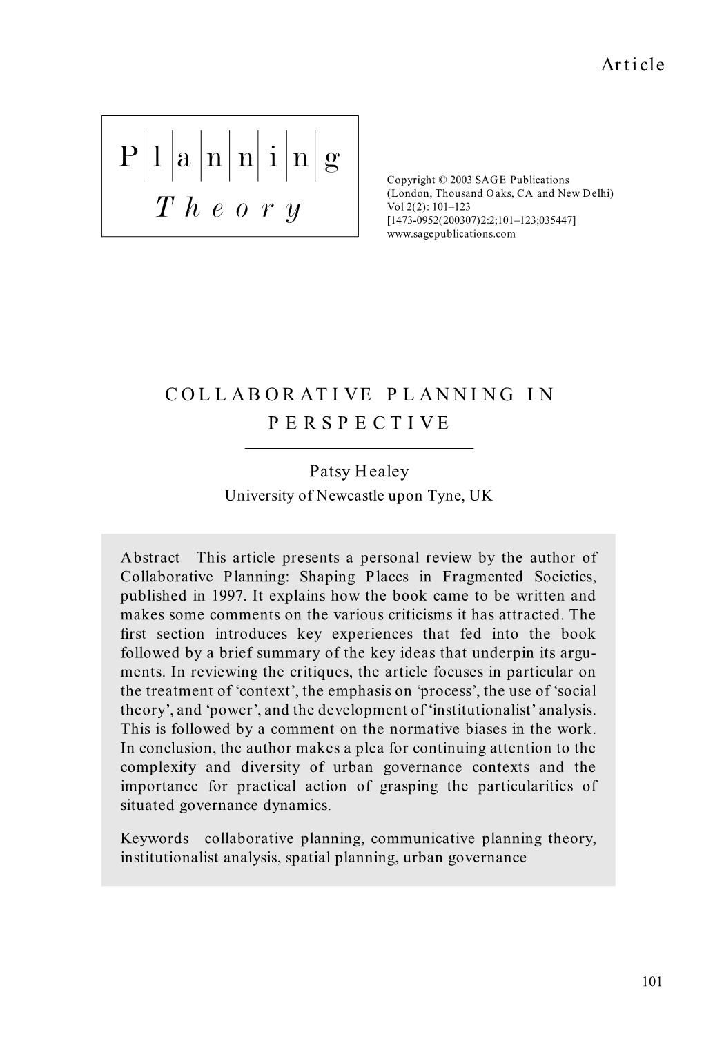 COLLABORATIVE PLANNING I N PERSPECTIVE Article