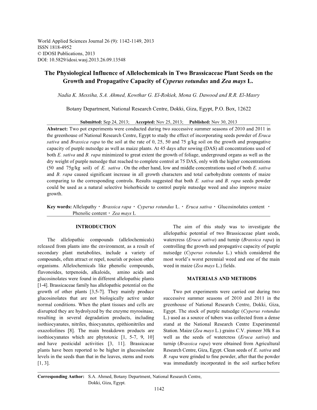 The Physiological Influence of Allelochemicals in Two Brassicaceae Plant Seeds on the Growth and Propagative Capacity of Cyperus Rotundus and Zea Mays L