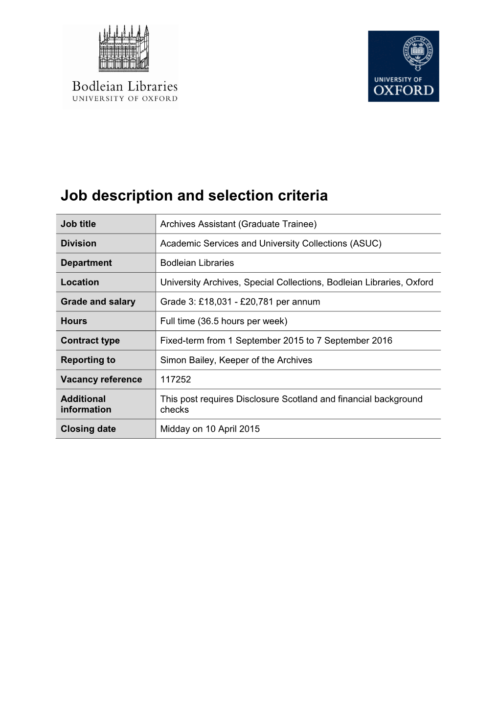 Job Description and Person Specificationselection Criteria