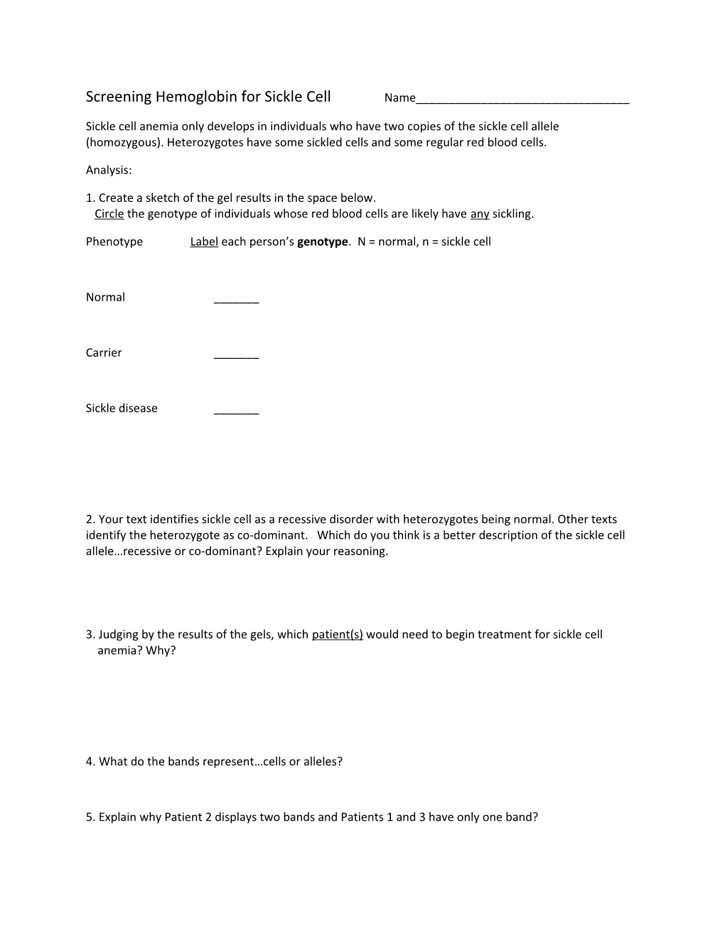 Screening Hemoglobin for Sickle Cell Name______