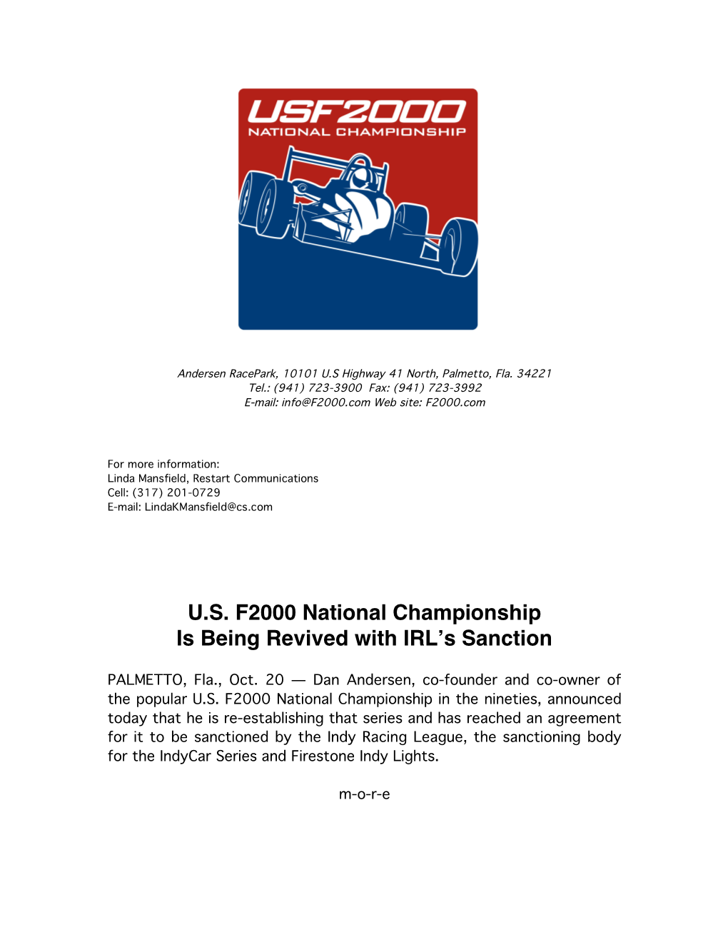 USF2000 National Championship Revived with IRL Sanction