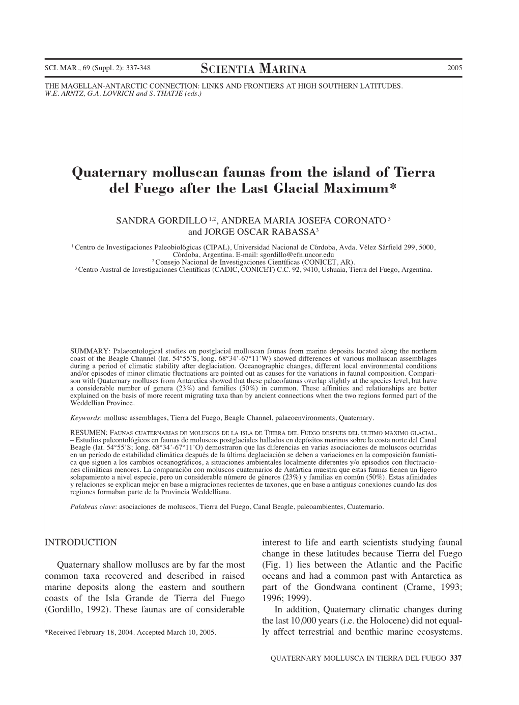 Quaternary Molluscan Faunas from the Island of Tierra Del Fuego After the Last Glacial Maximum*