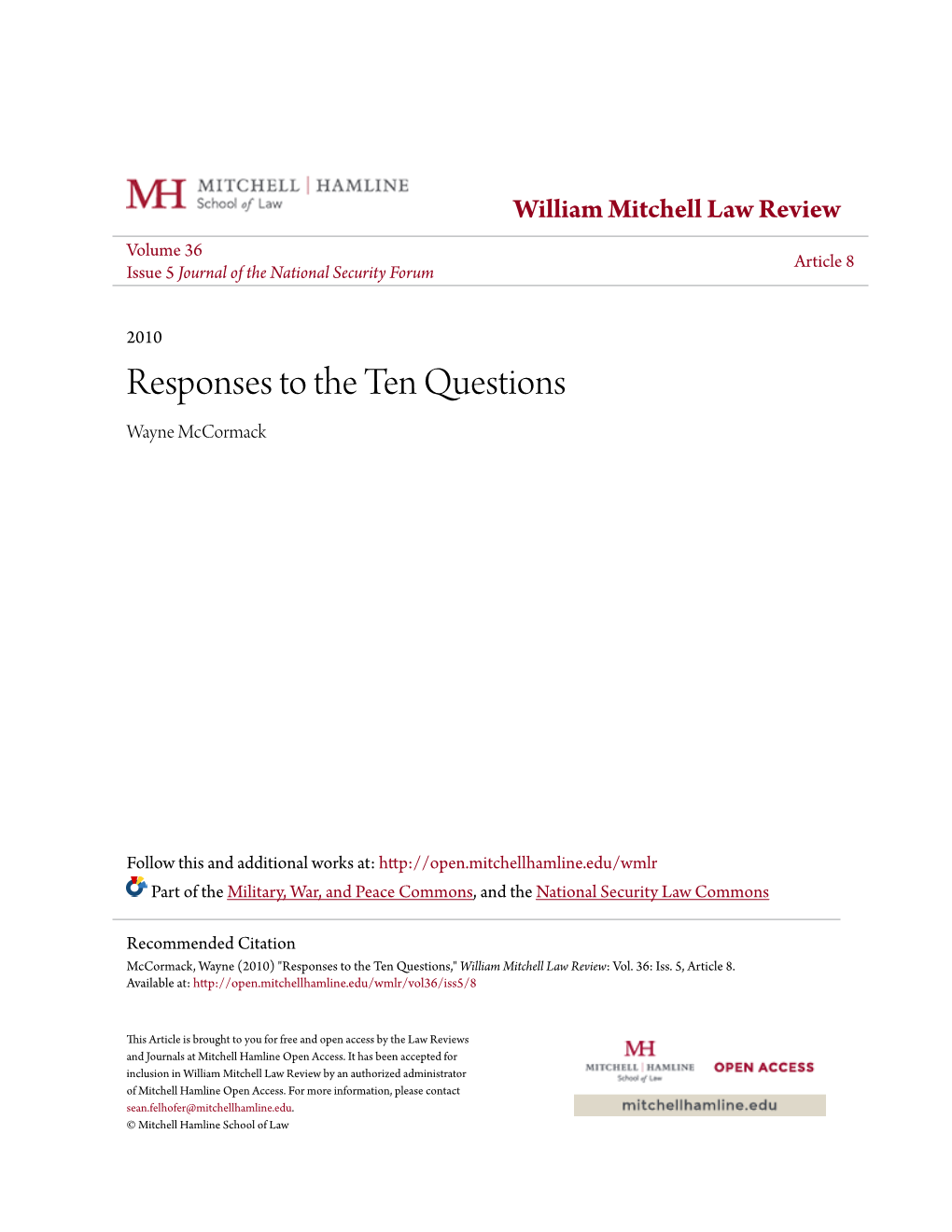 Responses to the Ten Questions Wayne Mccormack