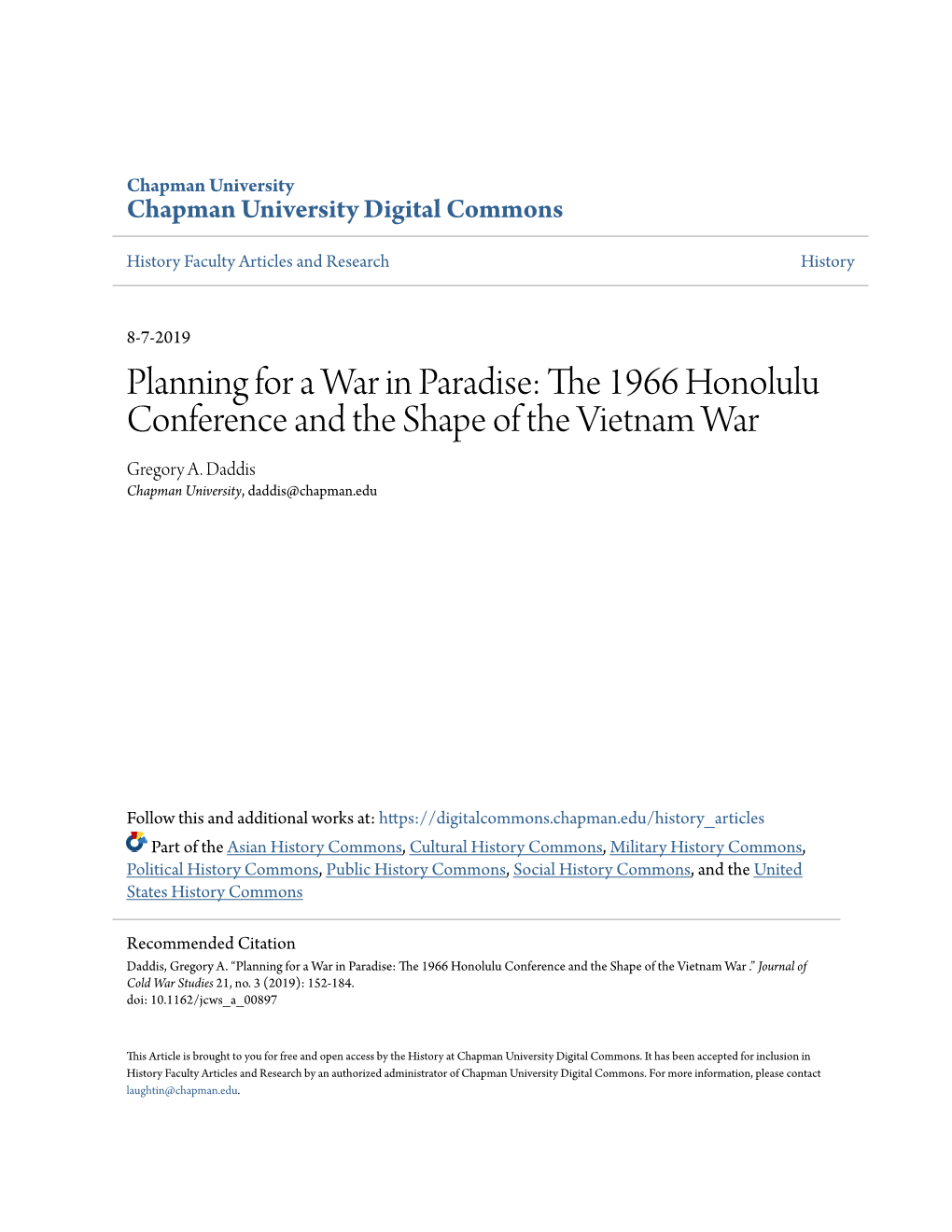 The 1966 Honolulu Conference and the Shape of the Vietnam War