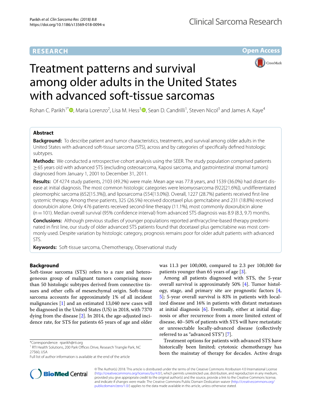 Treatment Patterns and Survival Among Older Adults in the United States with Advanced Soft‑Tissue Sarcomas Rohan C