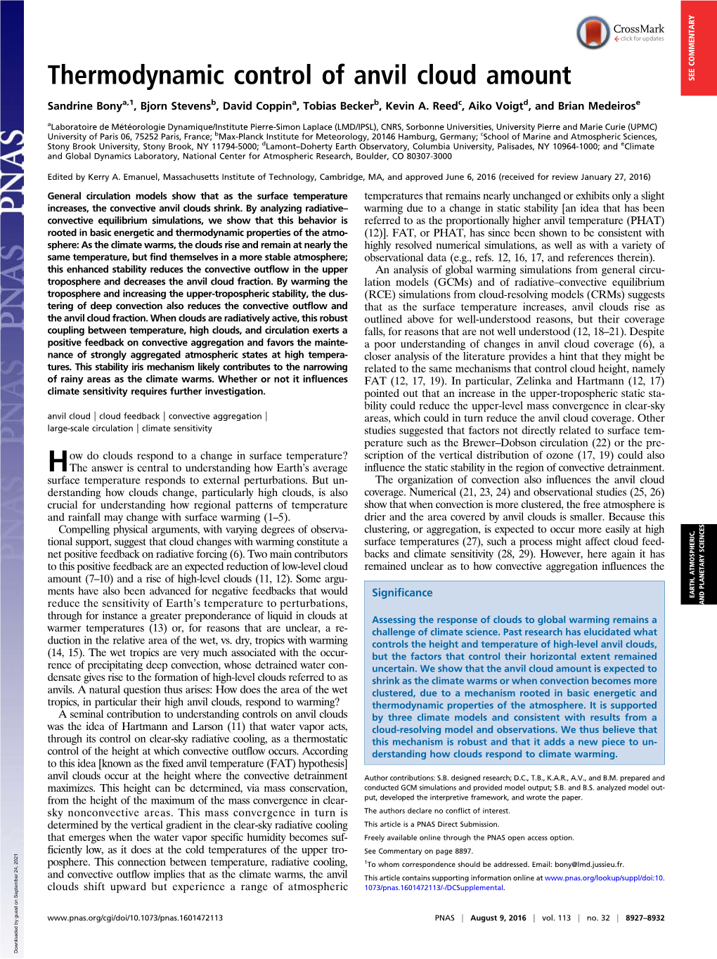 Thermodynamic Control of Anvil Cloud Amount SEE COMMENTARY