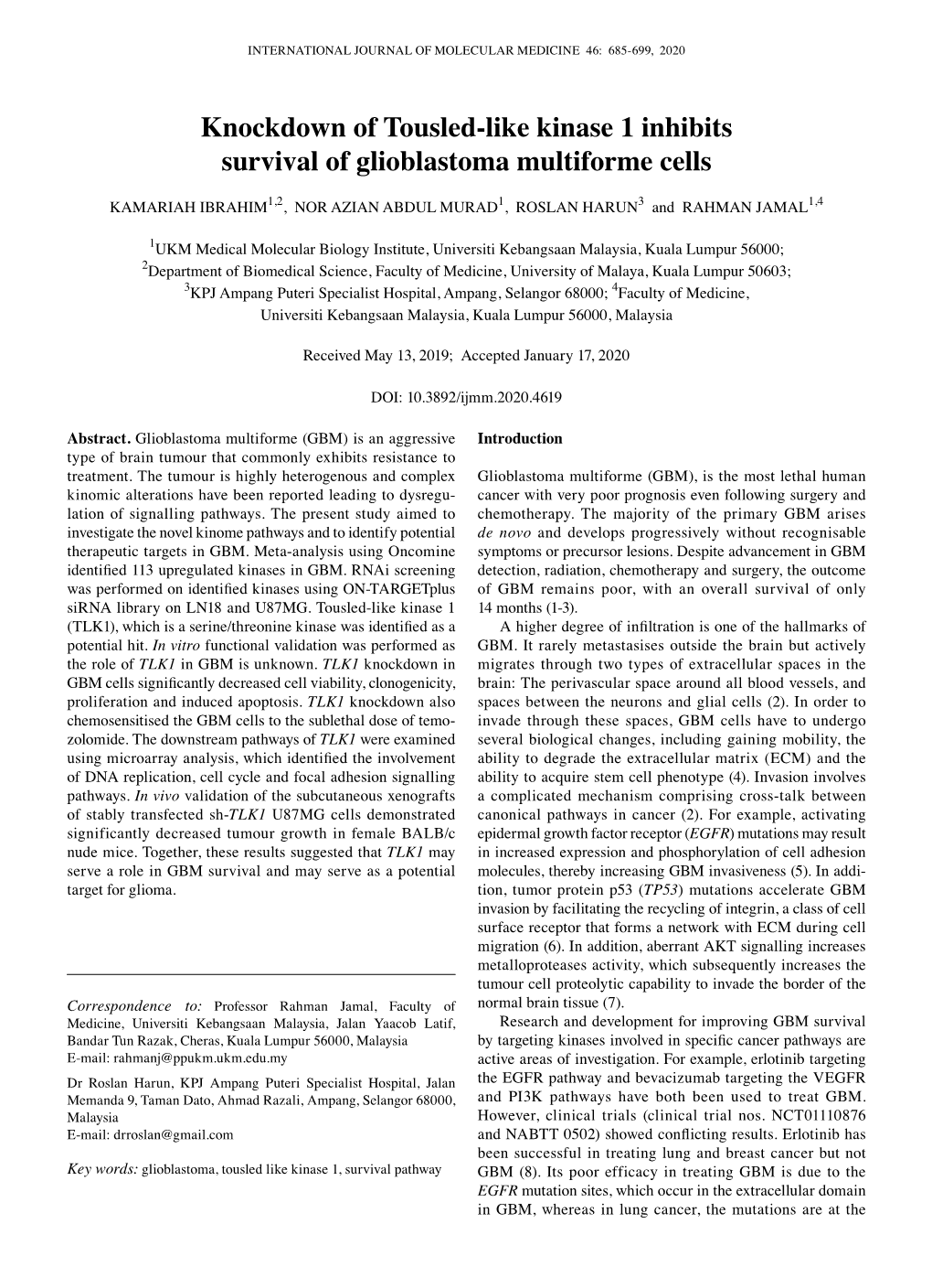 Knockdown of Tousled‑Like Kinase 1 Inhibits Survival of Glioblastoma Multiforme Cells