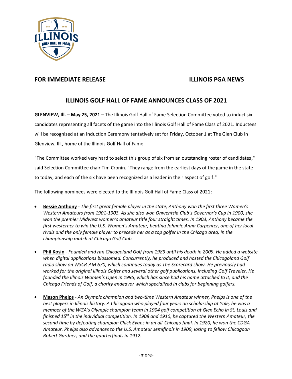 For Immediate Release Illinois Pga News Illinois Golf Hall of Fame Announces Class of 2021