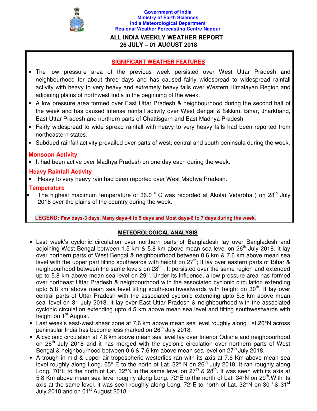 All India Weekly Weather Report 26 July – 01 August