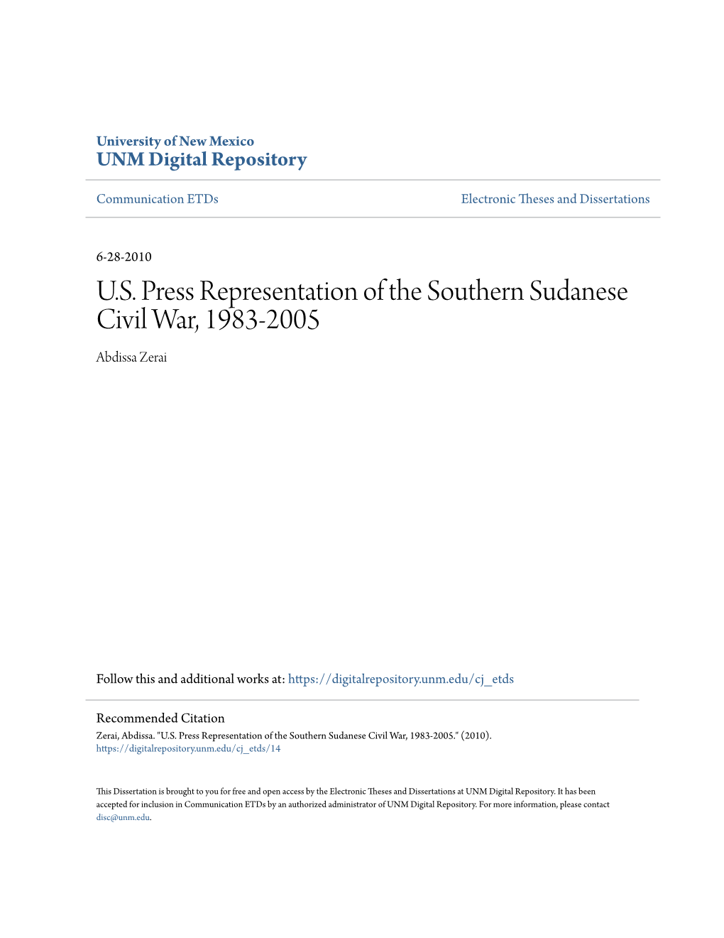 U.S. Press Representation of the Southern Sudanese Civil War, 1983-2005 Abdissa Zerai