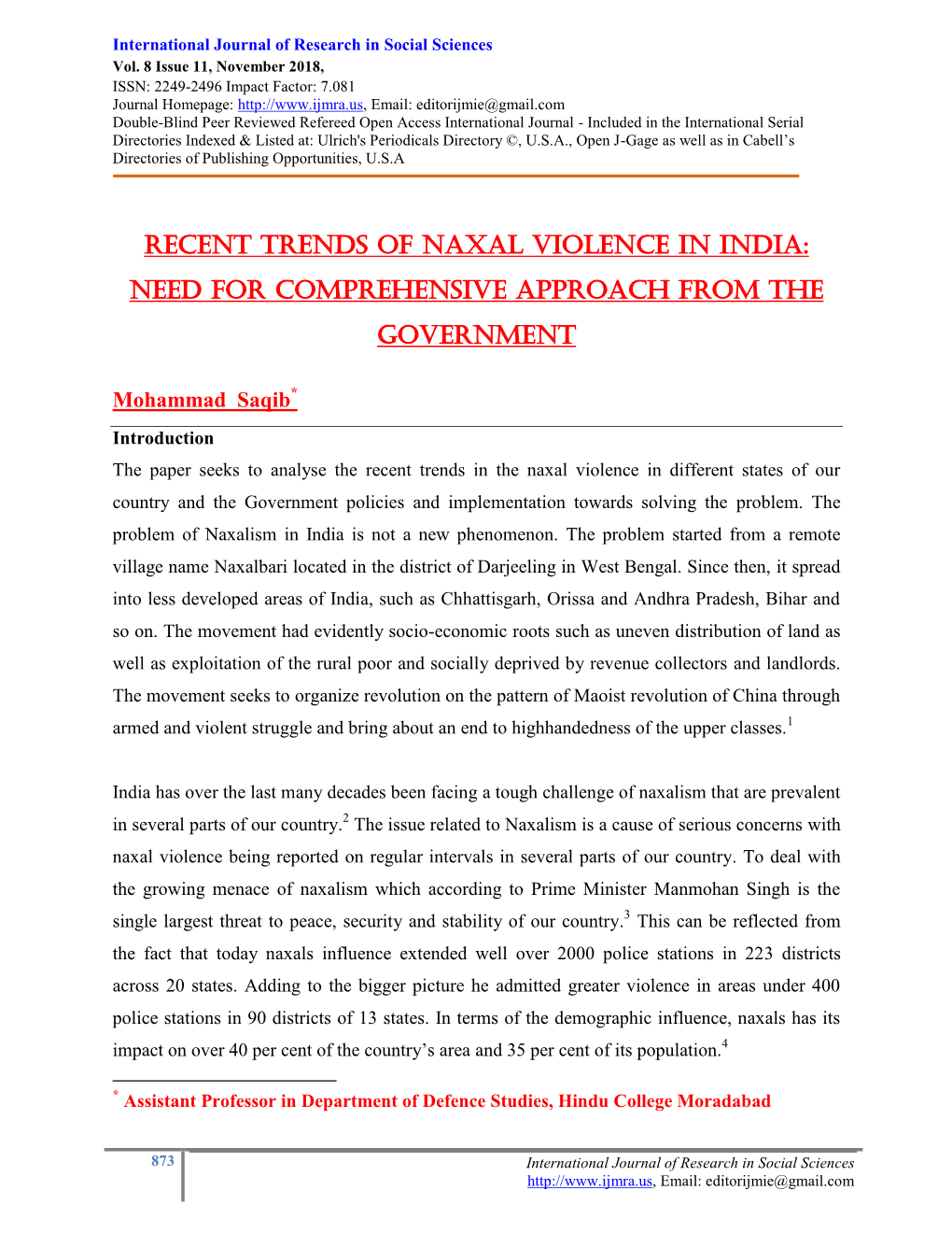 Recent Trends of Naxal Violence in India: Need for Comprehensive Approach from the Government