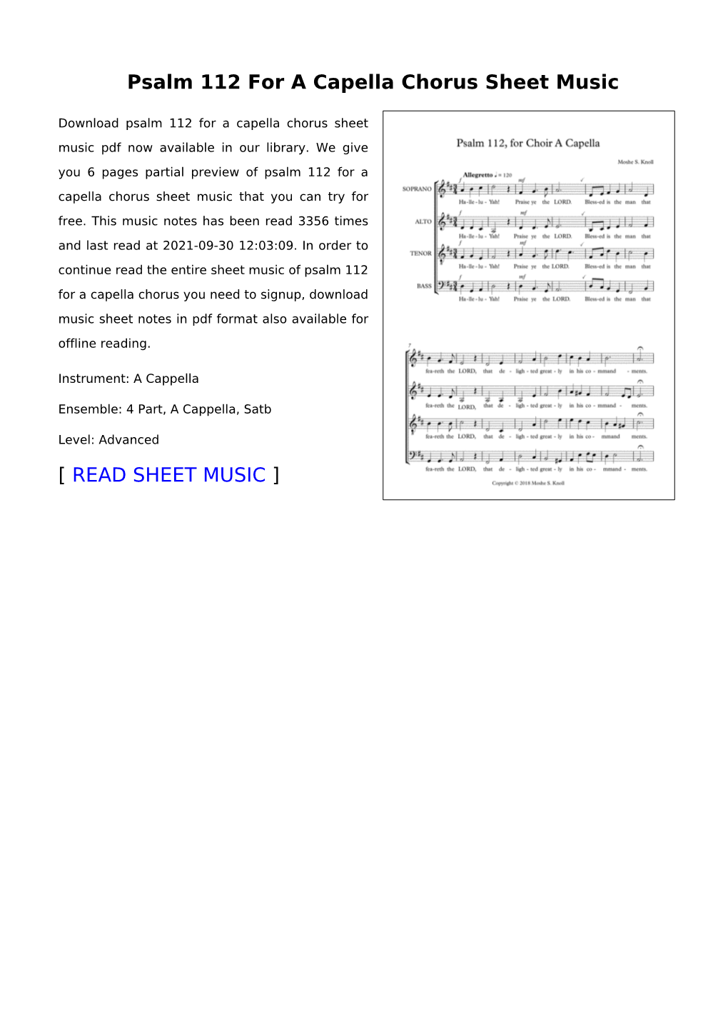 Psalm 112 for a Capella Chorus Sheet Music