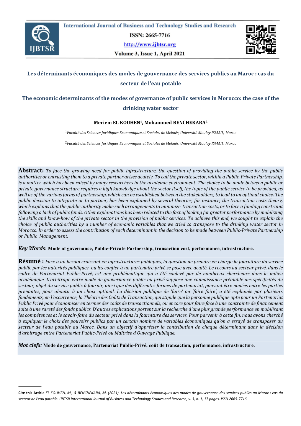 Les Déterminants Économiques Des Modes De Gouvernance Des Services Publics Au Maroc : Cas Du Secteur De L'eau Potable