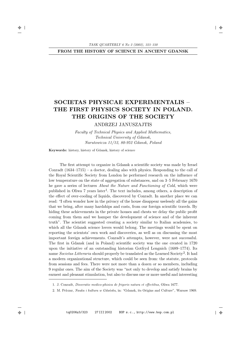 Societas Physicae Experimentalis – the First Physics Society in Poland