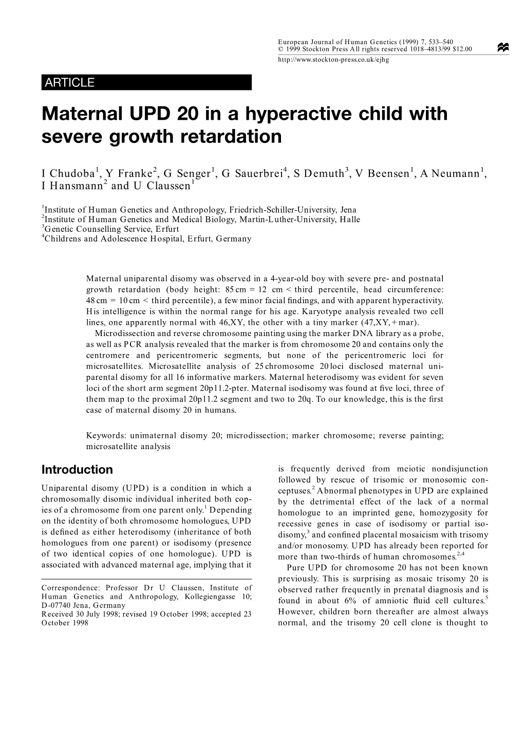 Maternal UPD 20 in a Hyperactive Child with Severe Growth Retardation