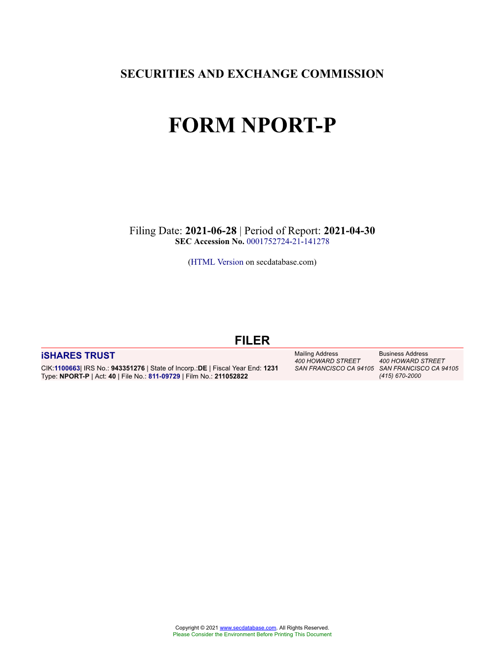 Ishares TRUST Form NPORT-P Filed 2021-06-28
